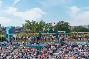 A large crowd of people at a sporting event